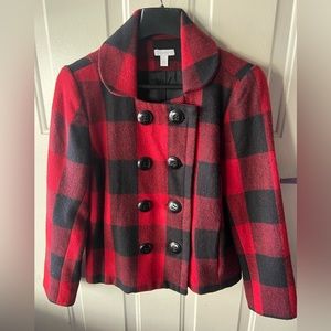 Buffalo plaid breasted pea coat 75% Wool, 12% Acrylic 6% Nylon pockets in n out